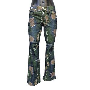 Vintage 90s Y2K Todd Oldham Jrs 3 27x31 Graffiti Print Low Rise Flare Jeans